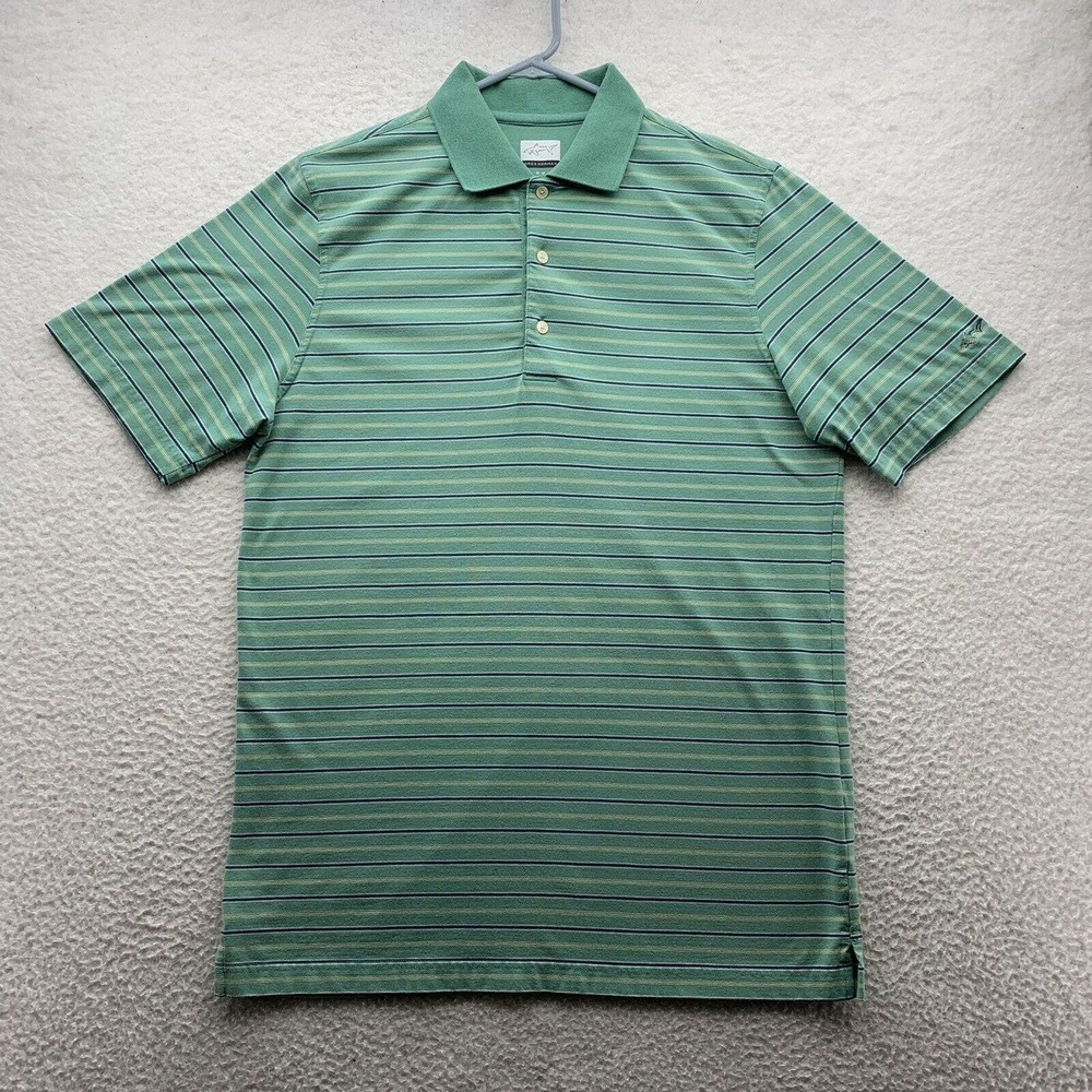 Greg Norman Golf Polo Shirt Mens Medium Green Blue Yellow Stripe Relaxed Fit Dad